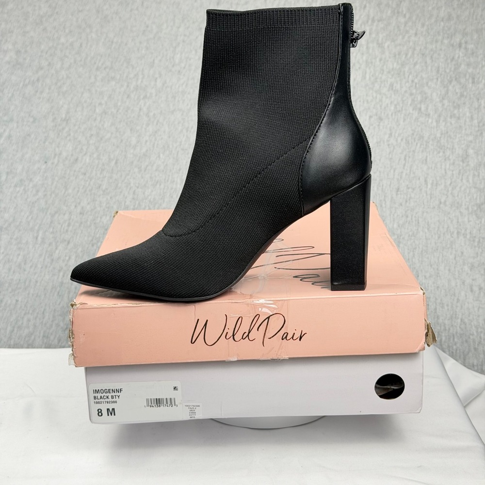 Wild Pair Imogennf Black Stretch Knit Sock Bootie Block Heel Pointed Toe 8M